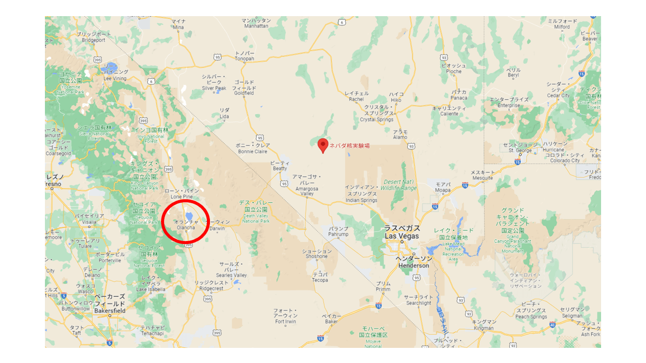 クリスタルガイザーとネバダ核実験場の地図